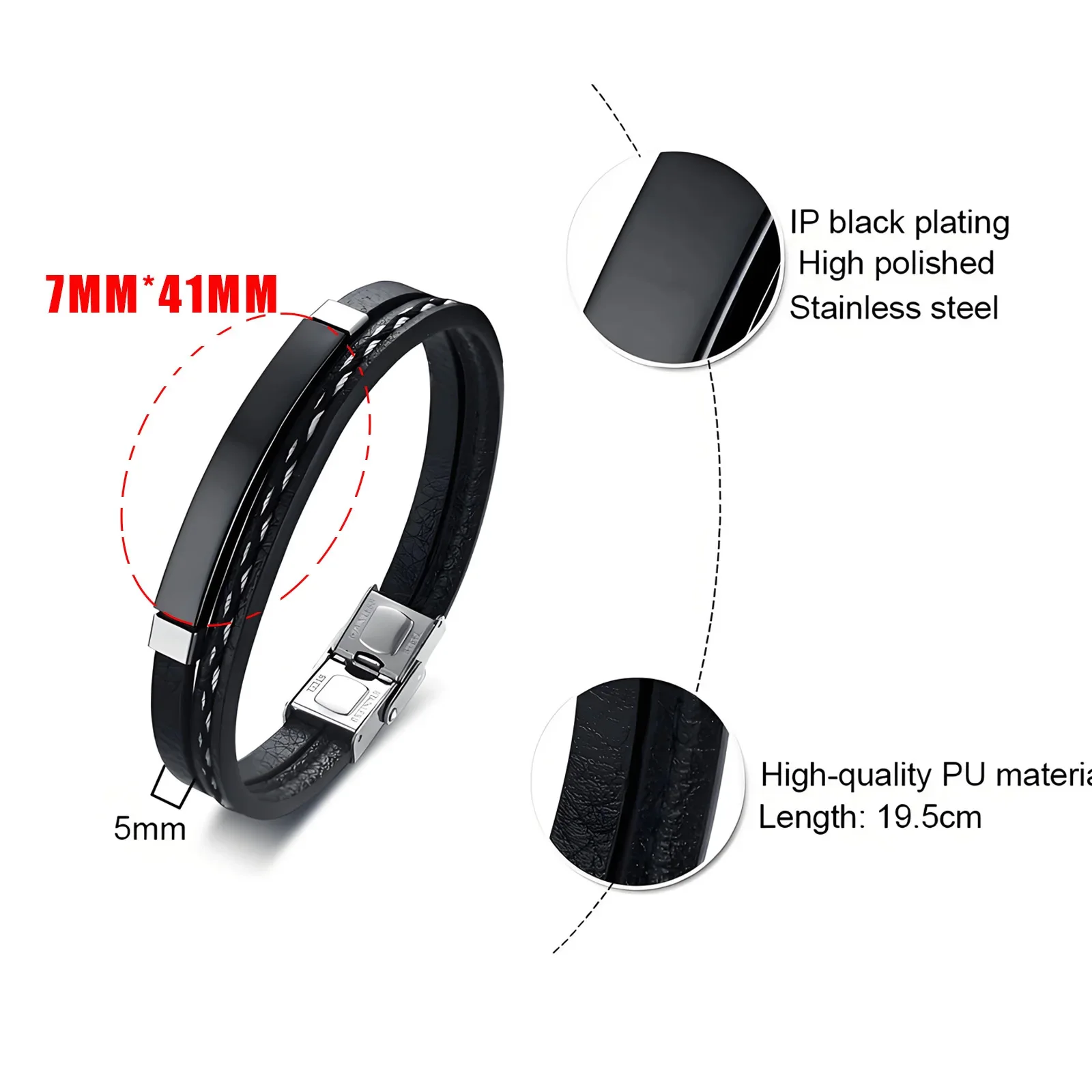 Dubbellaagse gecoördineerde PU lederen armband met gebogen plaat van roestvrij staal, gegraveerd, modieus juweel, Vaderdag cadeau