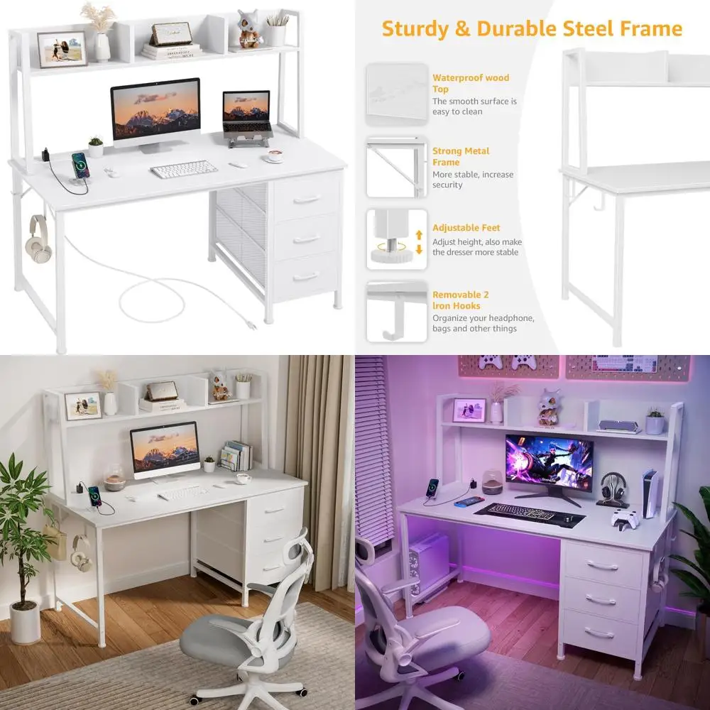 

Contemporary 47 Desk with Hutch, 3 Drawers, and USB Charging Ports - Modern Home Office Desk