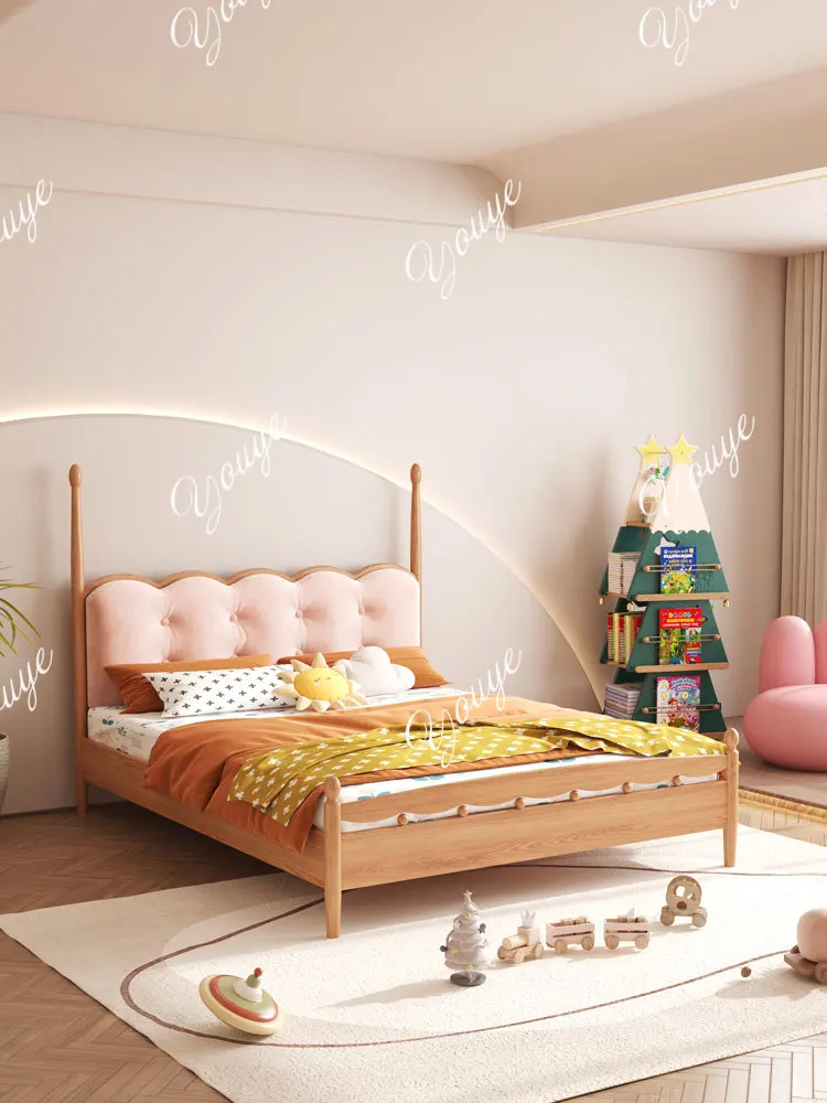 

Biscuit bed Red oak solid wood children's bed Nordic velvet fabric soft bag children's bed Teen bedroom