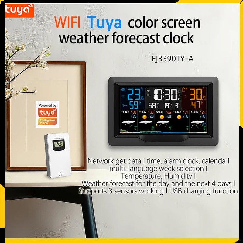 FJ3390TY-A Tuya WIFI Smart Weather Station Indoor and Outdoor Temperature & Humidity Meter Large Color Screen Weather Clock