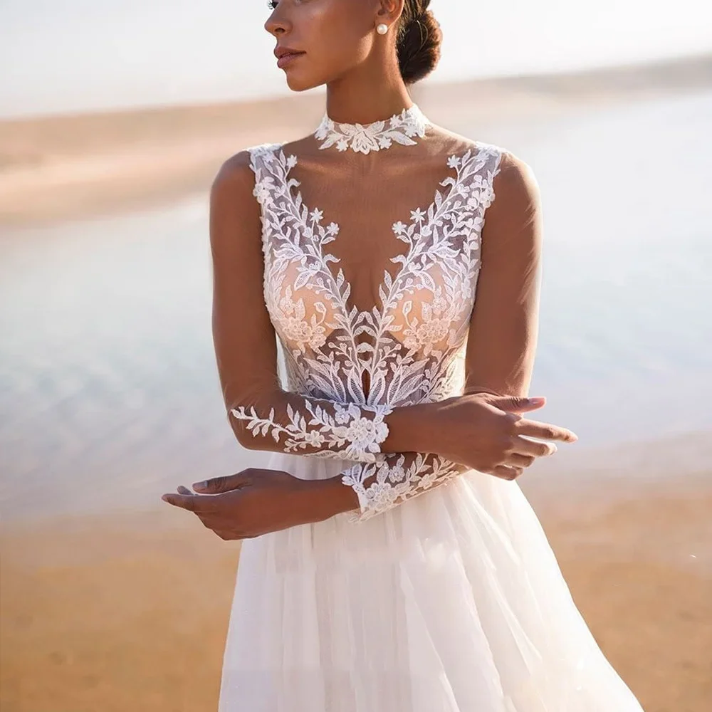 Vestidos de casamento boho personalizados, apliques de renda bordados, mangas compridas, gola alta, linha a para medidas, elegante robe de mairee