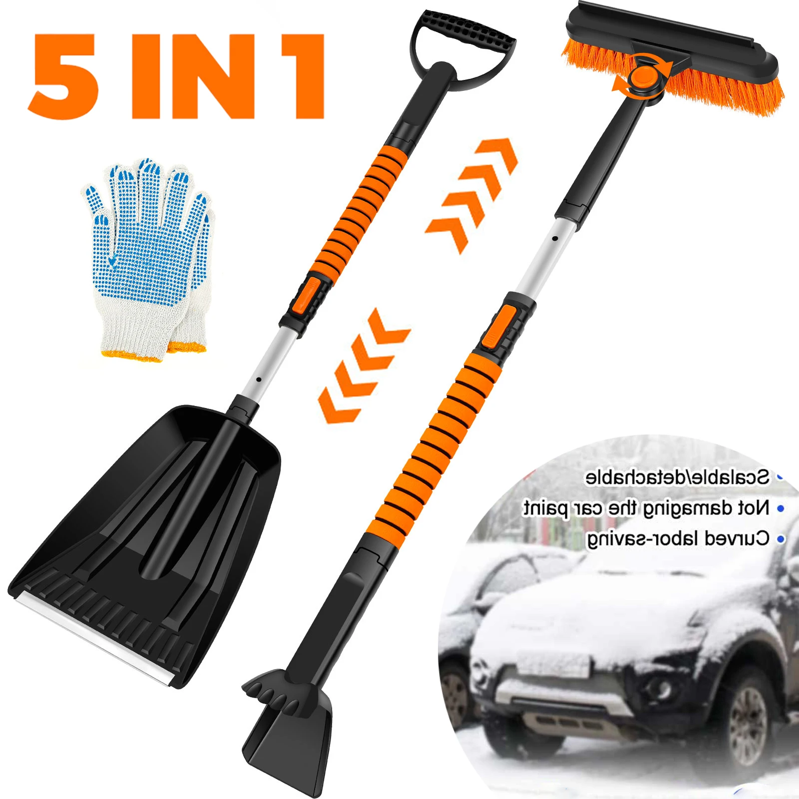 

5 in 1 Retractable Snow Brush and Ice Scraper for Car Windshield Snow Shovel with 180° Pivoting Brush Head Car Snow Cleaning