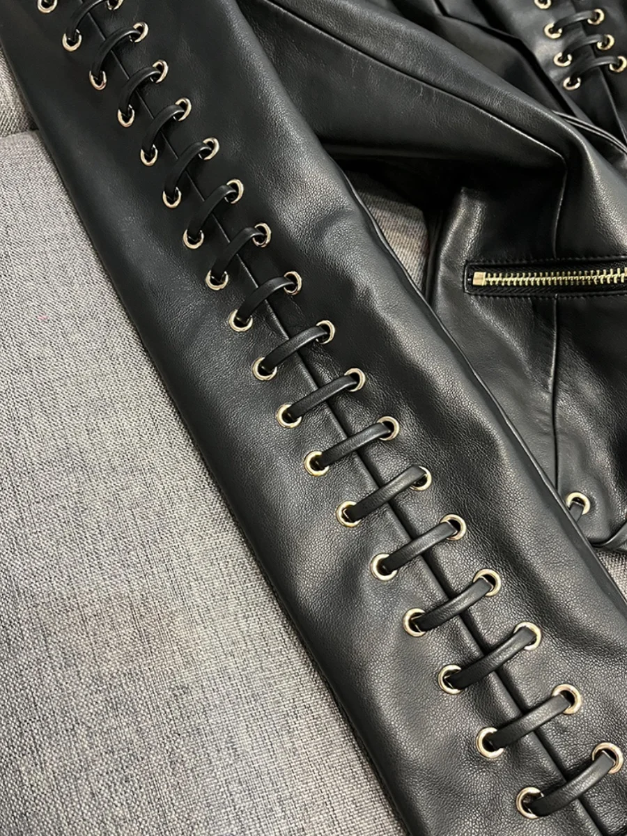 معطف بدلة Jaet من الجلد بقصة ضيقة وحزام ثقيل من Faionable Star Sle A20655 للتنقل من الجلد الصناعي طويل Sve