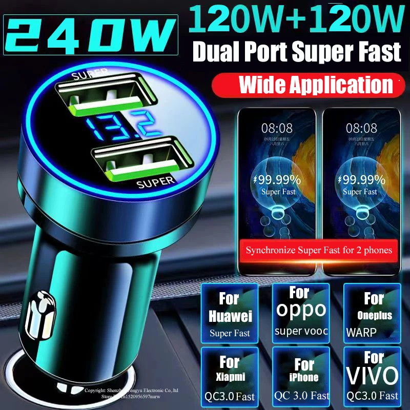 240W Car Charger Super Fast Charging 2 USB Port 12V for Oneplus OPPO Huawei iPhone 13 Pro Max 14 Plus 12 11 Samsung Xiaomi