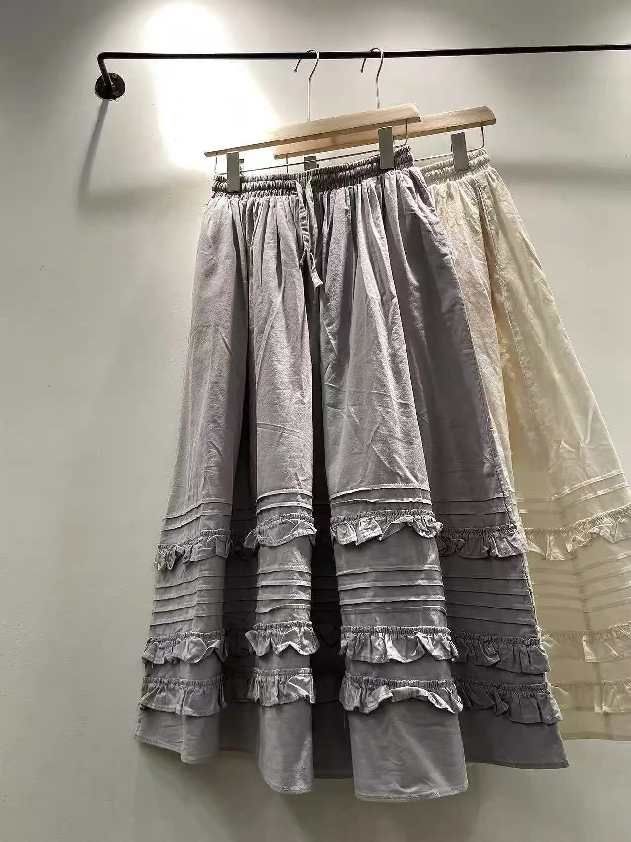 2026 Mori kei clothing spring Japanese style sweet elastic waist beige purple ruffled midi skirts pure cotton long boho skirts