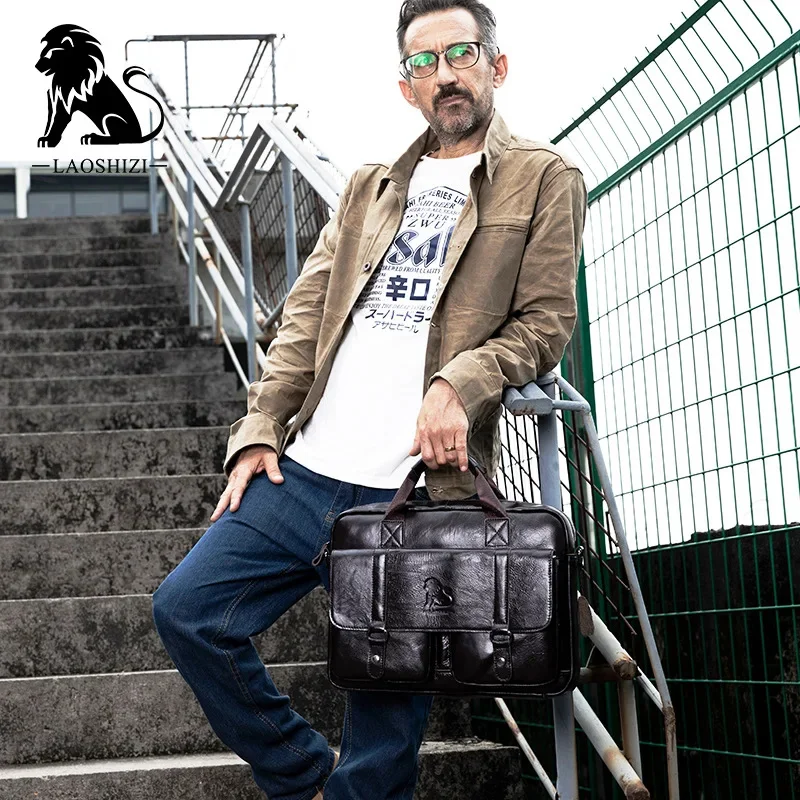 LAOSHIZI-Maleta de couro genuíno para homens, bolsa de grande capacidade, bolsa tiracolo, bolsa mensageiro, bolsa para laptop, negócios e lazer, marca