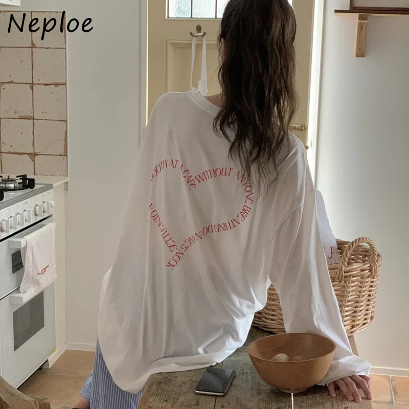 

Neploe Back Letter Heart O-neck Tops Mujer Y2k Long Sleeve Loose T-shirt for Women 2025 Early Autumn New White Tee Shirt