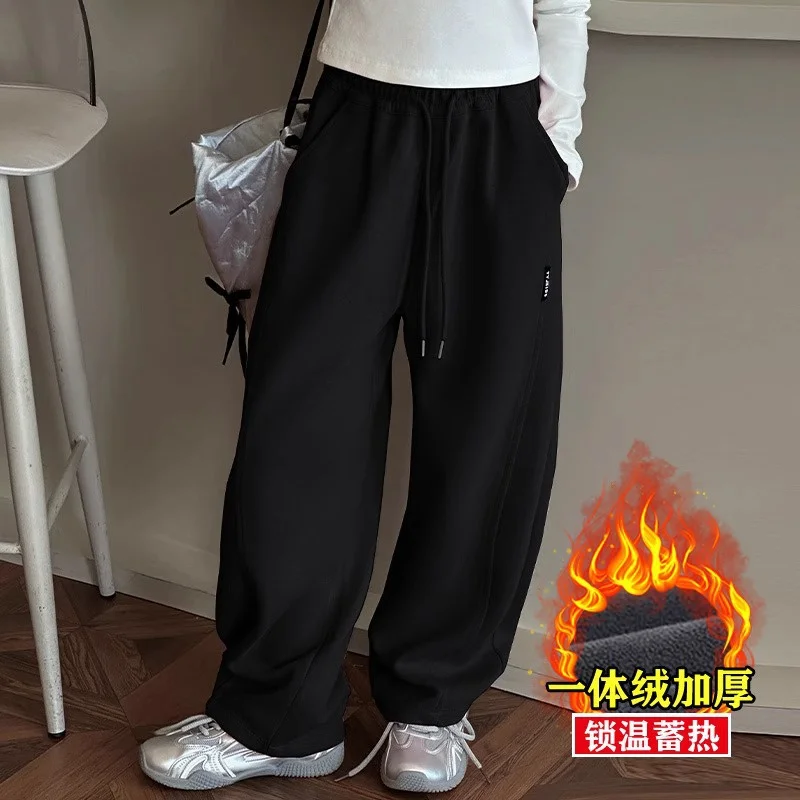 

Girls Thick Warm Pants Spring Autumn New Kids Casual Sports Wide Leg Trousers Teen Straight Cotton Pants Children Clothes 5-14Y