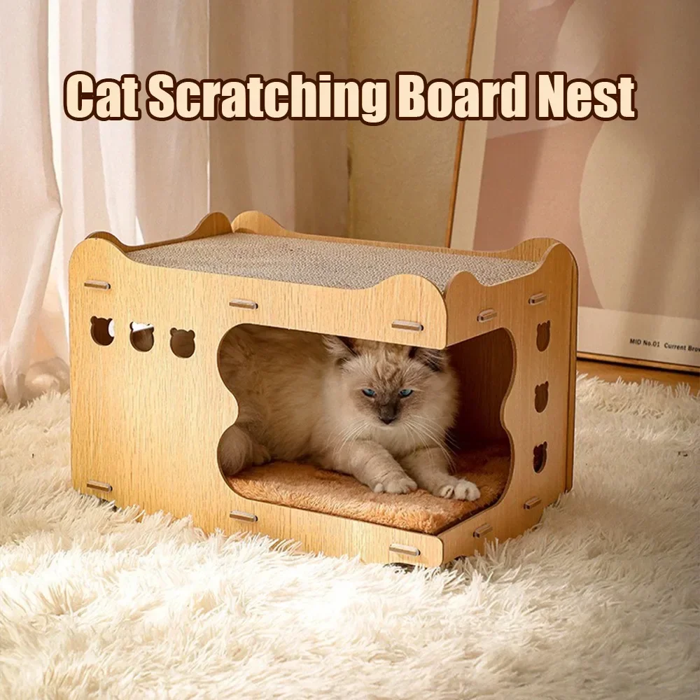 Wooden Cat Scratching Board Nest All-in-one Vertical Double Stackable Corrugated Cardboard Scratch-resistant Removable Cat Toys