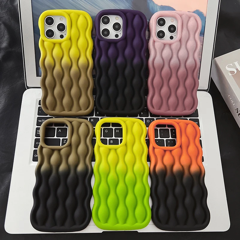 Gradient Double Color Matching Phone Case For Apple iPhone 14 13 12 Pro Max Mini 11 Pro Max Plus 3D Wave Soft TPU Standard Cover