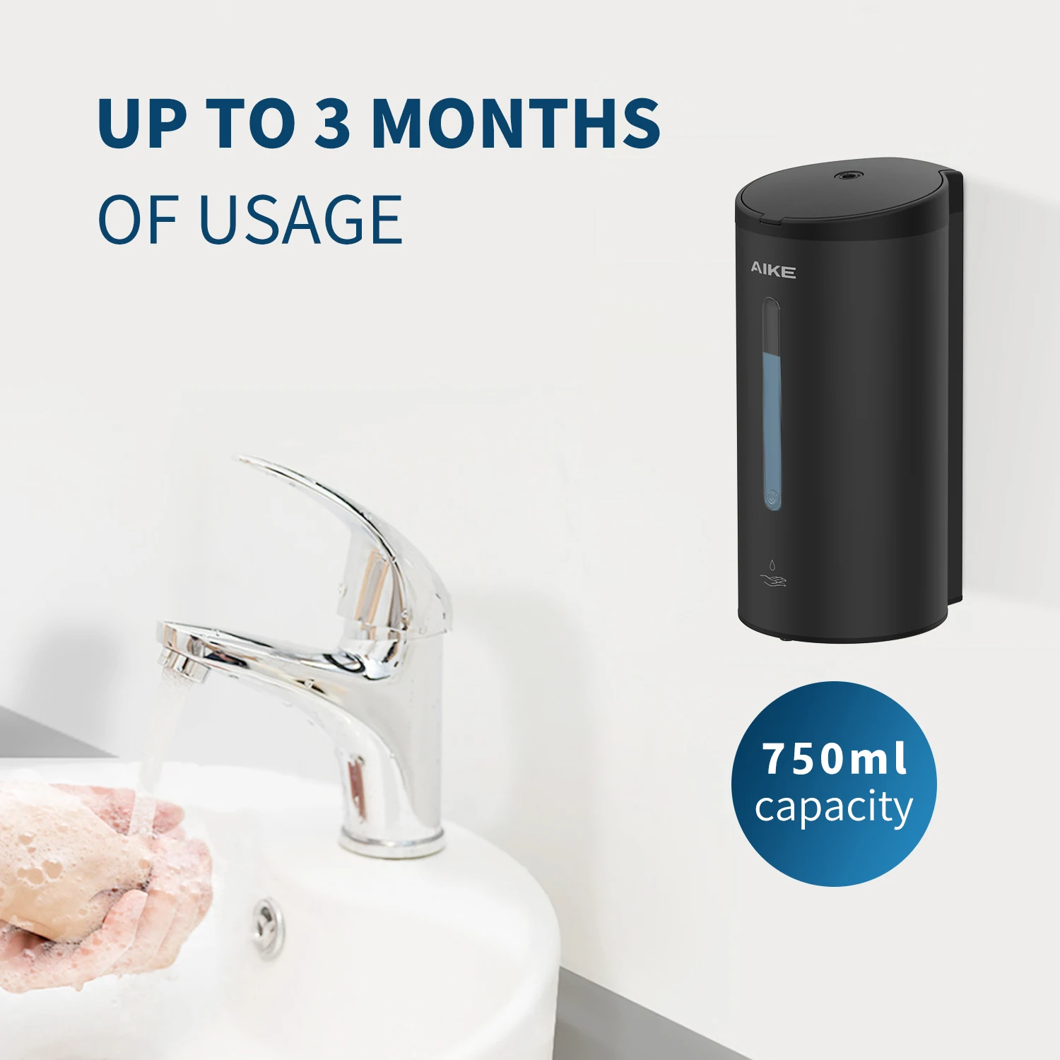 AIKE Automatic Liquid Soap Dispenser 750ml Sensor Bathroom Soap Dispenser Stainless Wall-mounted Steel Hand Sanitizer Dispenser