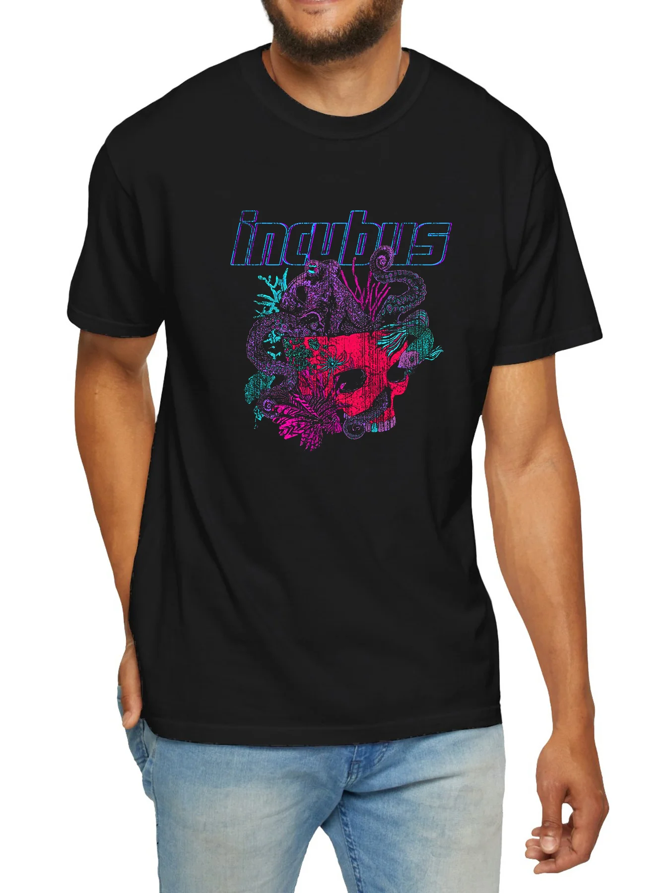 DERNM Men's Casual Summer T-Shirt - 100% Cotton, Short Sleeve, Round Neck with Vibrant Skull & Floral Graphic, Machine Washable