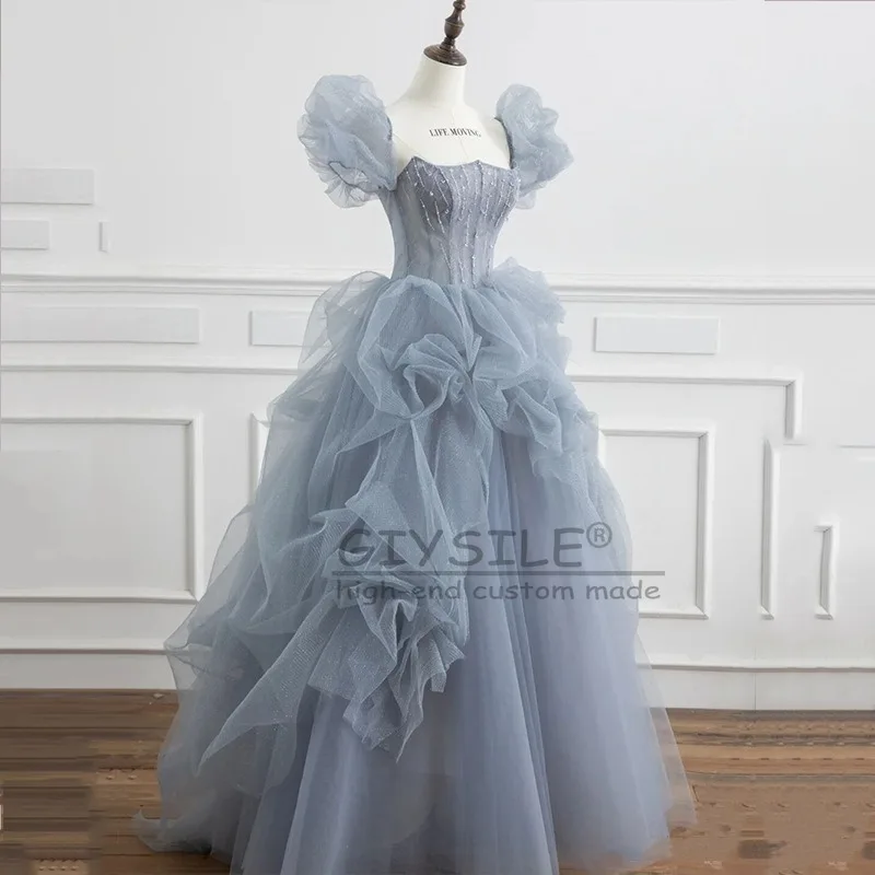 

GIYSILE Gradual Evening Dress Banquet Temperament Light Luxury Sexy Tube Top Princess Fluffy Starry Sky Long Bubble Sleeve