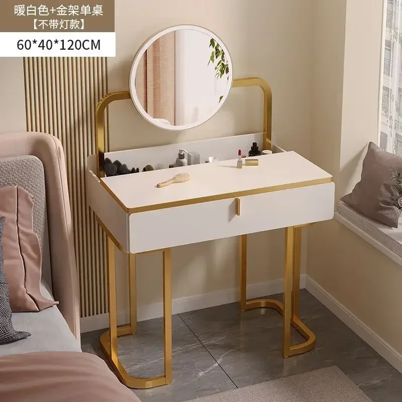 Modern Vanity Set with Lighted Mirror Stool, Large Makeup Vanity Desk Dressing Table with LED Lights, 2 Drawers, Storage Shelves