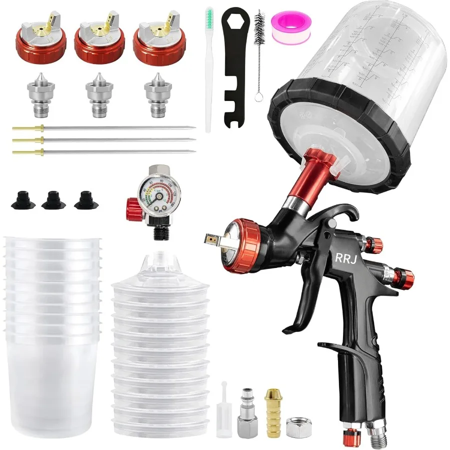 

A610 LVLP Air Spray Gun Premium Kit with 1.3/1.5/1.7mm Nozzles Air Regulator 650ml Mixing Cup 10x Disposable Cups Ideal for Aut