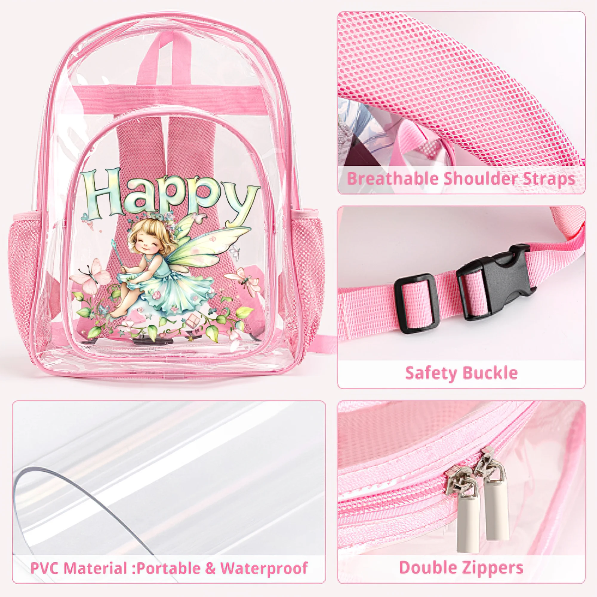 16inch Children PVC Transparent Happy Fairy Butterfly Print Backpack Pink School Bag for Cheerful Events,Daily Use,Backpack Gift
