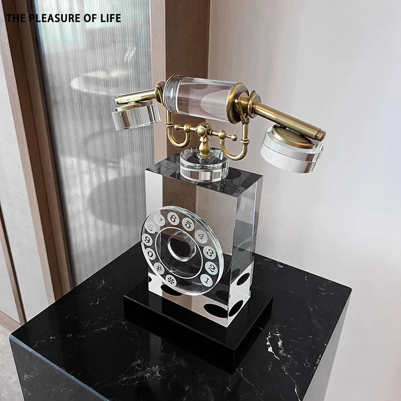 

Crystal + Metal Telephone Ornament Modern Model Room Decor Minimalist Desktop Art Piece Creative Vintage Decoration for Home