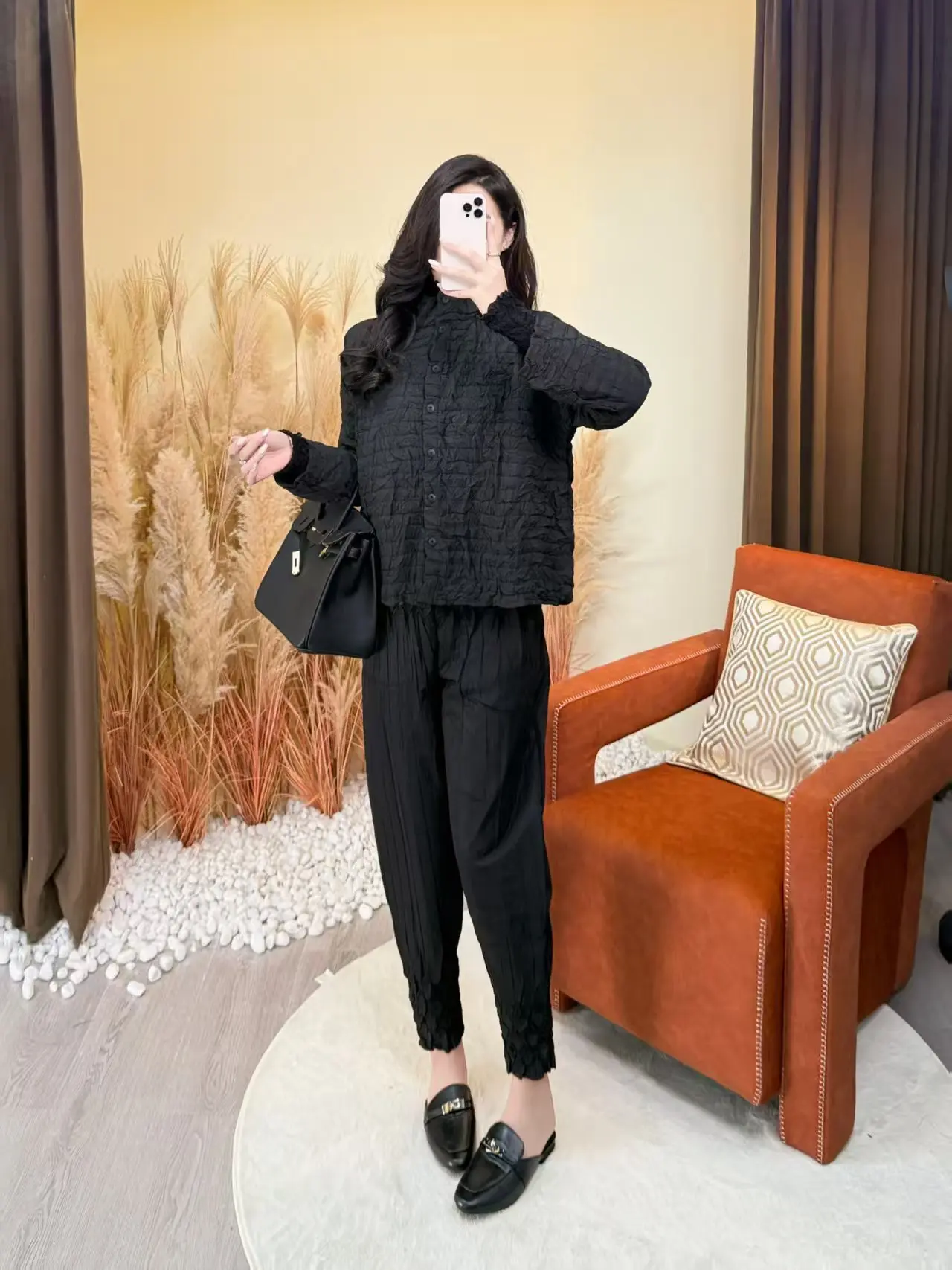 

Miyake pleated 2025 new autumn pleated cardigan tops fashionable casual loose slimming women's long-sleeved cotton clothes