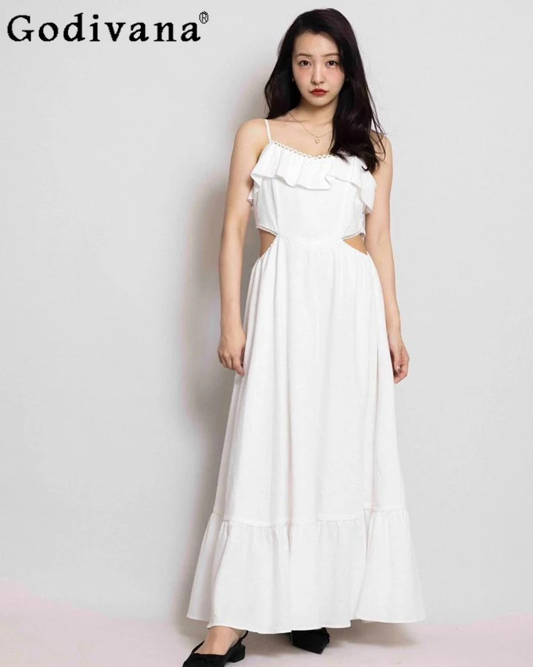 Japanese Style Fashion Elegant White Show Waist Ruffle Edge Suspender Dress Women's Summer Sweet Girls Long Casual Dresses