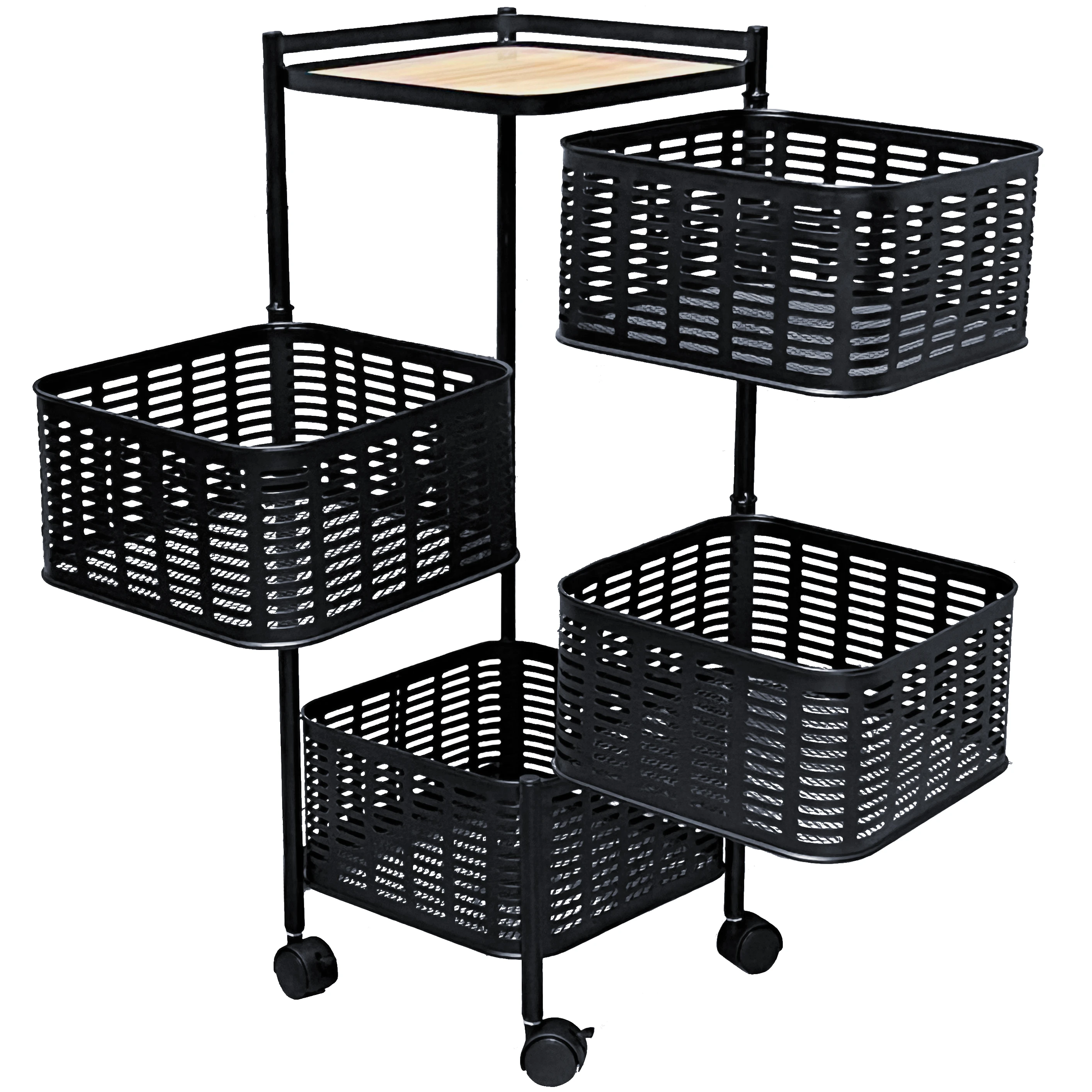 Metal Rotating Fruit Basket with Wheels and Wooden Top, Kitchen Storage Rack, Pantry and Vegetable Rack, 4-Tier