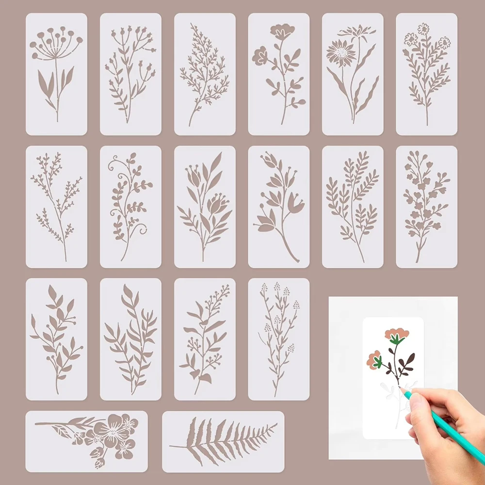 18/20pcs/sheet Wildflower Stencils Reusable DIY Crafts Stencil Flower Leaf Painting Stencils for Wood Wall Door Home Decoration