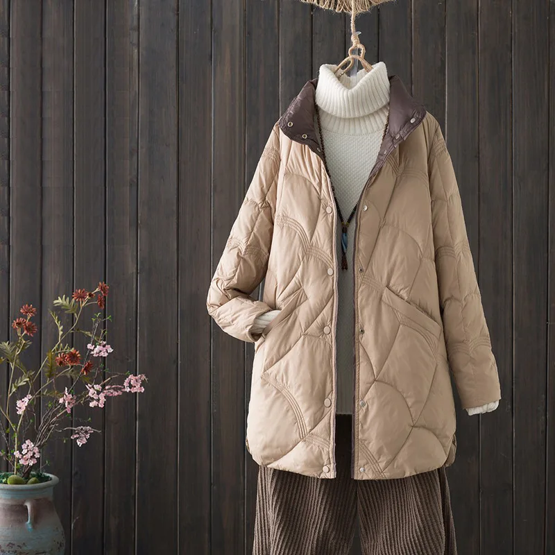 

Women Autumn Winter Lightweight Down Jacket Mid Long White Duck Down Stand Collar Coat Outerwear chaqueta de mujer JK-252