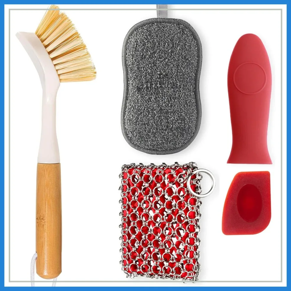 

5-Piece Cast Iron Cleaning Kit: Chainmail Scrubber, Brush, Sponge & Hot Handle Holder for Skillets, Pots, Pans