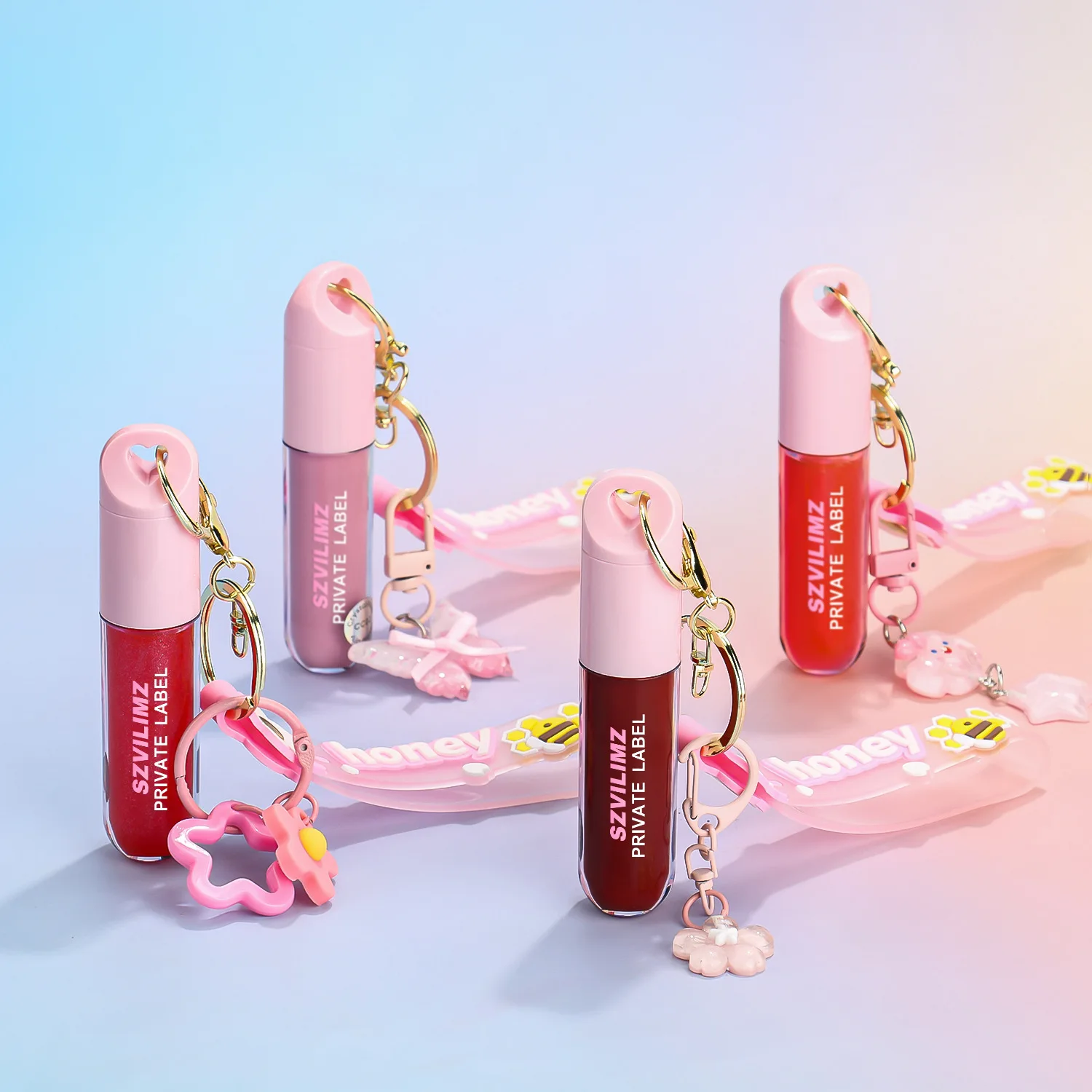 키체인 참이 있는 보습 립글로스 립스틱 광택 반짝임 마무리 립 메이크업 맞춤 로고 펜던트 립글로스