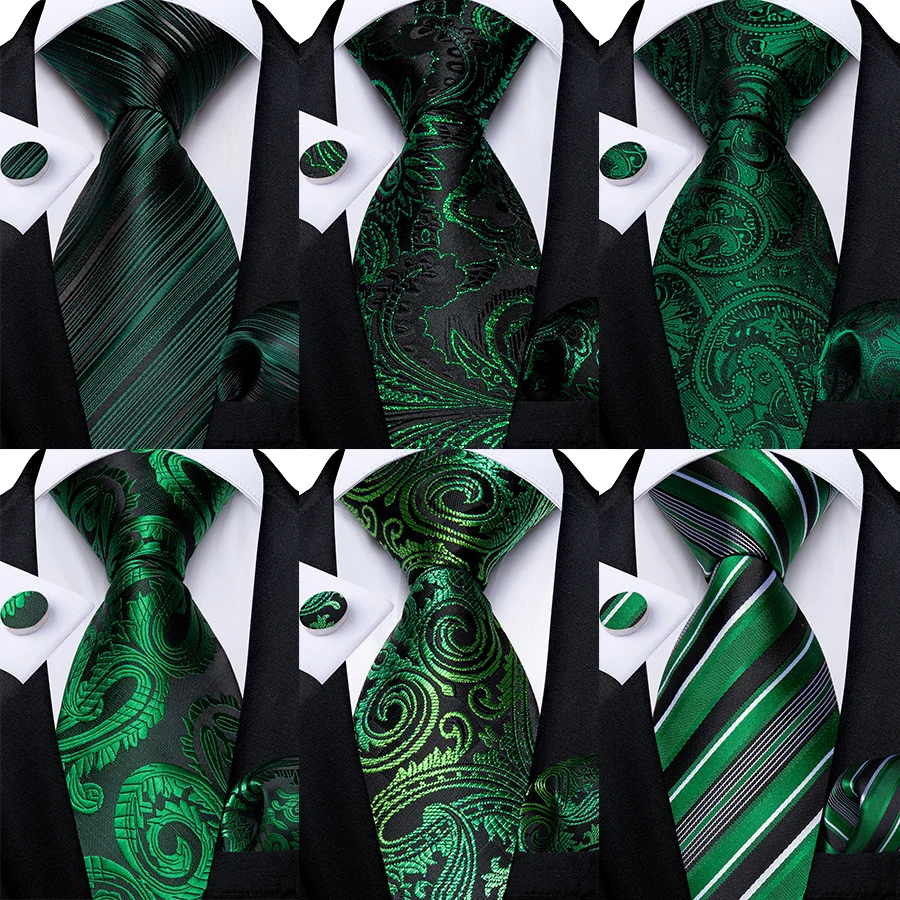 Green Ties for Men 8cm Striped Paisley Floral Wedding Party Formal Silk Polyester Necktie Handkerchief Cufflinks Gift Dropship