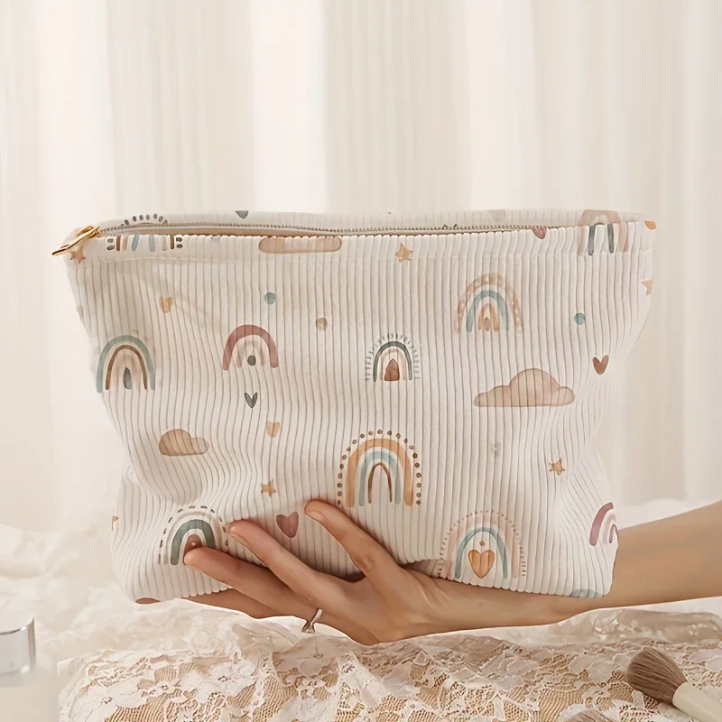 Corduroy Makeup Bag Lightweight Multi-Functional Toiletry Organizer Zipper Closure Cosmetic Storage Playful Toiletry Travel Bag