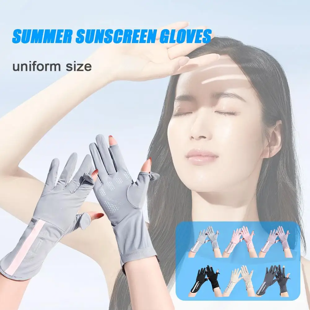 Summer Sunscreen Gloves Thin Ice Silk Anti-ultraviolet Breathable Gloves Riding Non-slip Screen Driving Dew Finger I2j8