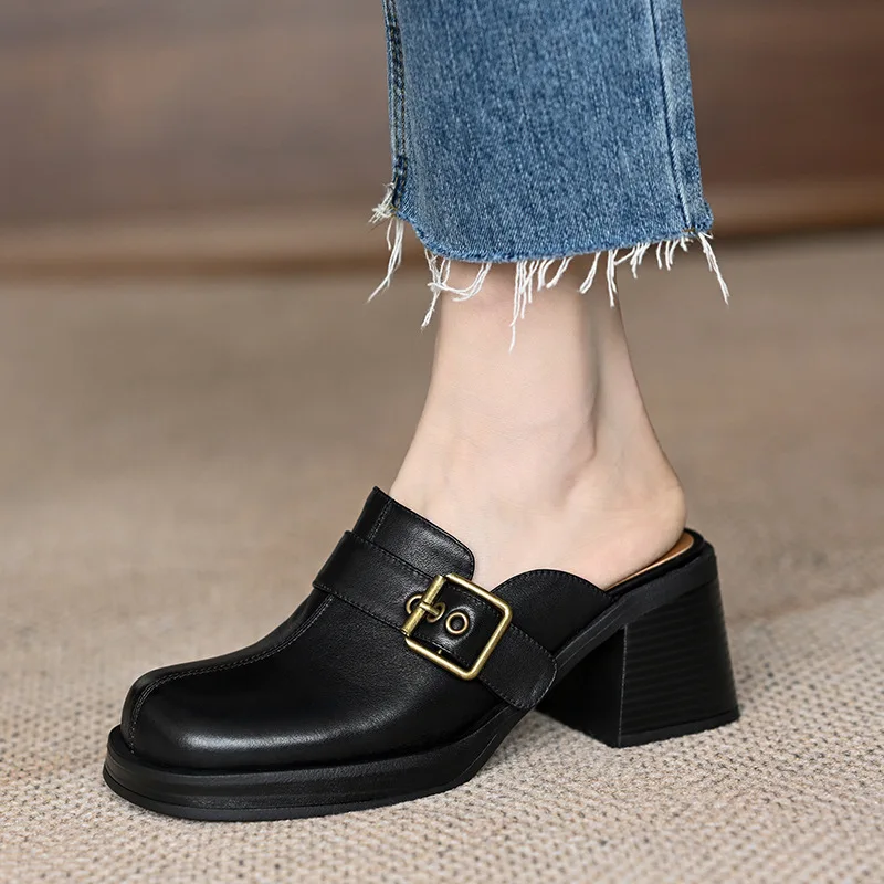 Baotou Half Slippers Women\'s New Commuter Thick Heels Thick Sole Outer Wear Muller Shoes Belt Buckle High Heels Women Shoes
