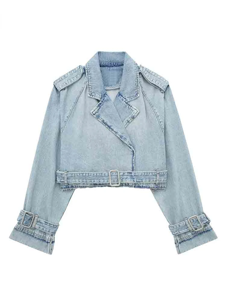 Woman Denim Jacket with Belt Cropped Jean Jacket for Women Frayed Streetwear Women's Spring Jackets Long Sleeve Crop Top