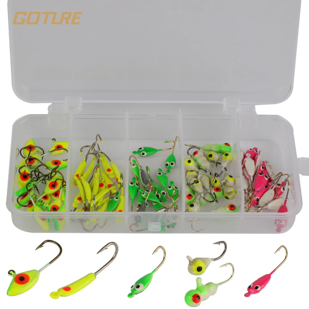 Goture 75PCS/Box Winter Ice Fishing Hook Lure Mini Metal Bait Fish Head Hook Bait Artificial Bait Jigging Fishing Tackle