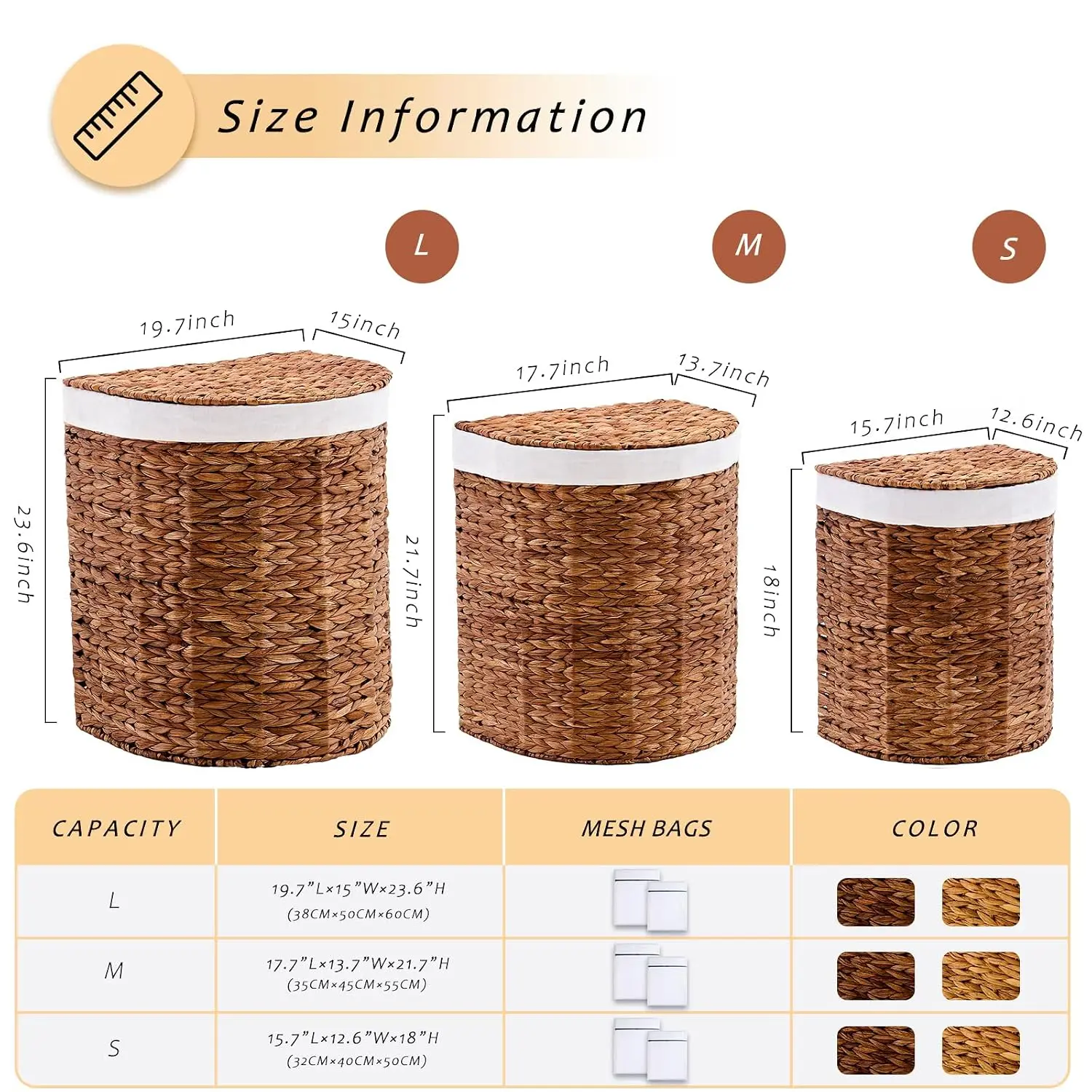 Half Moon Natural Water Hyacinth Laundry Hamper, 90L, Espresso