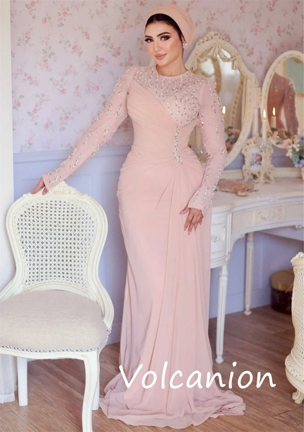 Maßgeschneiderte lange Kleider im modernen Jersey-Stil mit Pailletten und Falten, Trompete, U-Ausschnitt, maßgeschneiderter Anlass, kompliziert