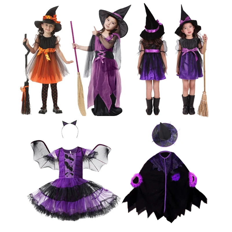 Children Witch Costume Girls Fairytale Wizard Dress Kids Halloween Pumpkin Clothes Baby Bat Spider Party Cosplay Outfit 2-12T