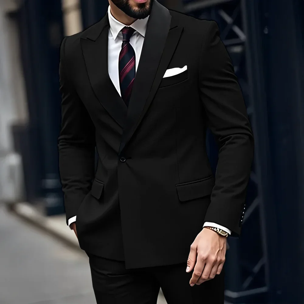 

2-х предметная куртка + брюки, черные костюмы для мужчин, двубортный пиджак с остроконечными лацканами на заказ, свадебные смокинги для жениха, костюм для выпускного вечера Homme