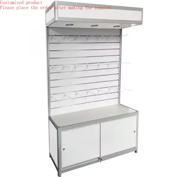 

Custom.HIKUYA 78 inch Tall Aluminum Frame Black Panel L-shaped Lockable Slatwall Back MDF Slatwall Display Cabinet for Display S