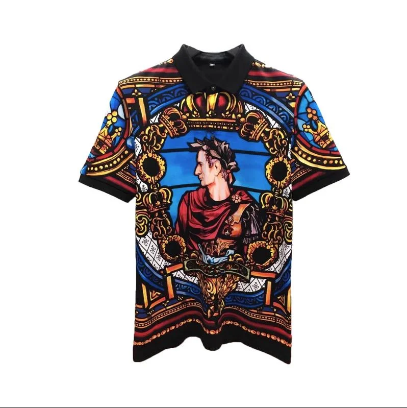 European and American men\'s 2023 summer new Lapel short sleeves fashion Vintage figure print T-shirt