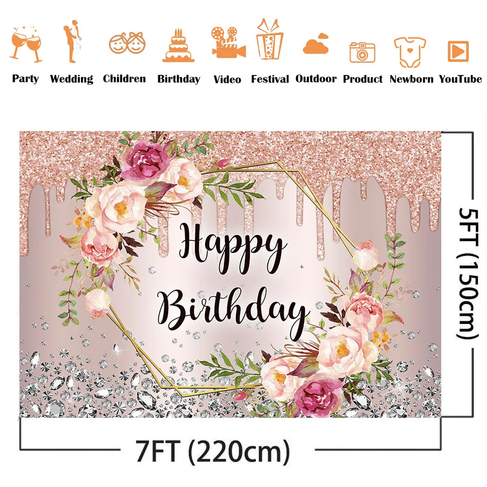 Happy Birthday Backdrop Pink Rose Glitter Birthday Party Decoration Sliver Shining Diamonds Sweet Girls Photocall Backgrounds