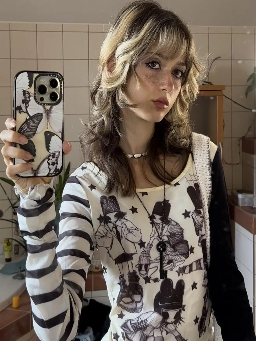 Y2K Millennium Trendy Girl Star Striped Asymmetric Early Long Sleeve Slim Fit Base T-Shirt Women's Street Style Moisture Wicking