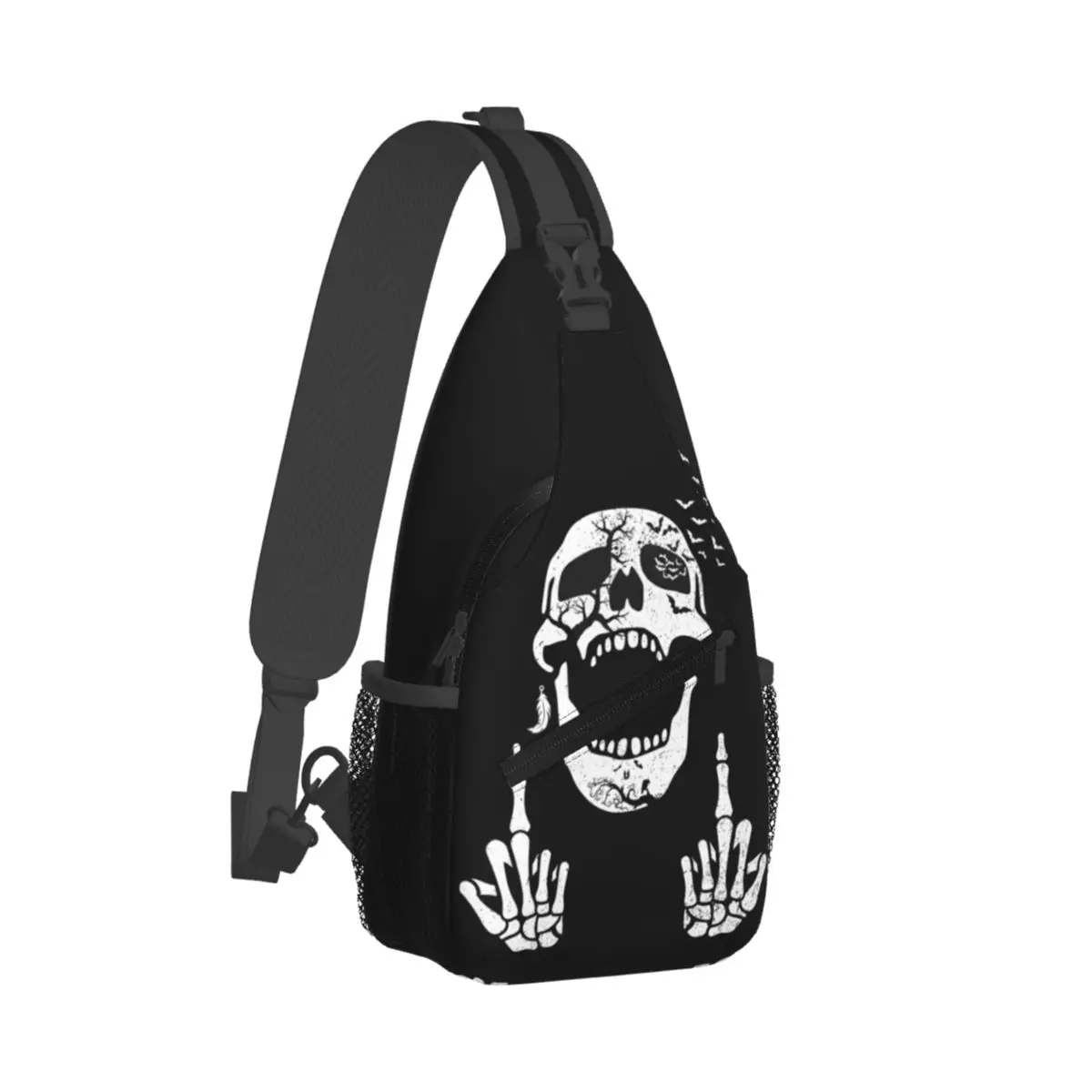 Mochila de hombro para senderismo al aire libre, bolso de mano con esqueleto de calavera y gestos, mochila cruzada en el pecho, paquete genial