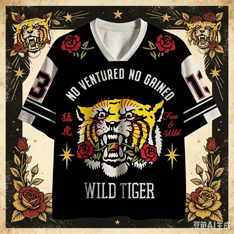 2026 Wild Tiger Printed Men's T-shirt Classic Fashion V-neck 3D Quick Drying Leisure Outdoor Sports Men's Women's Children's Top