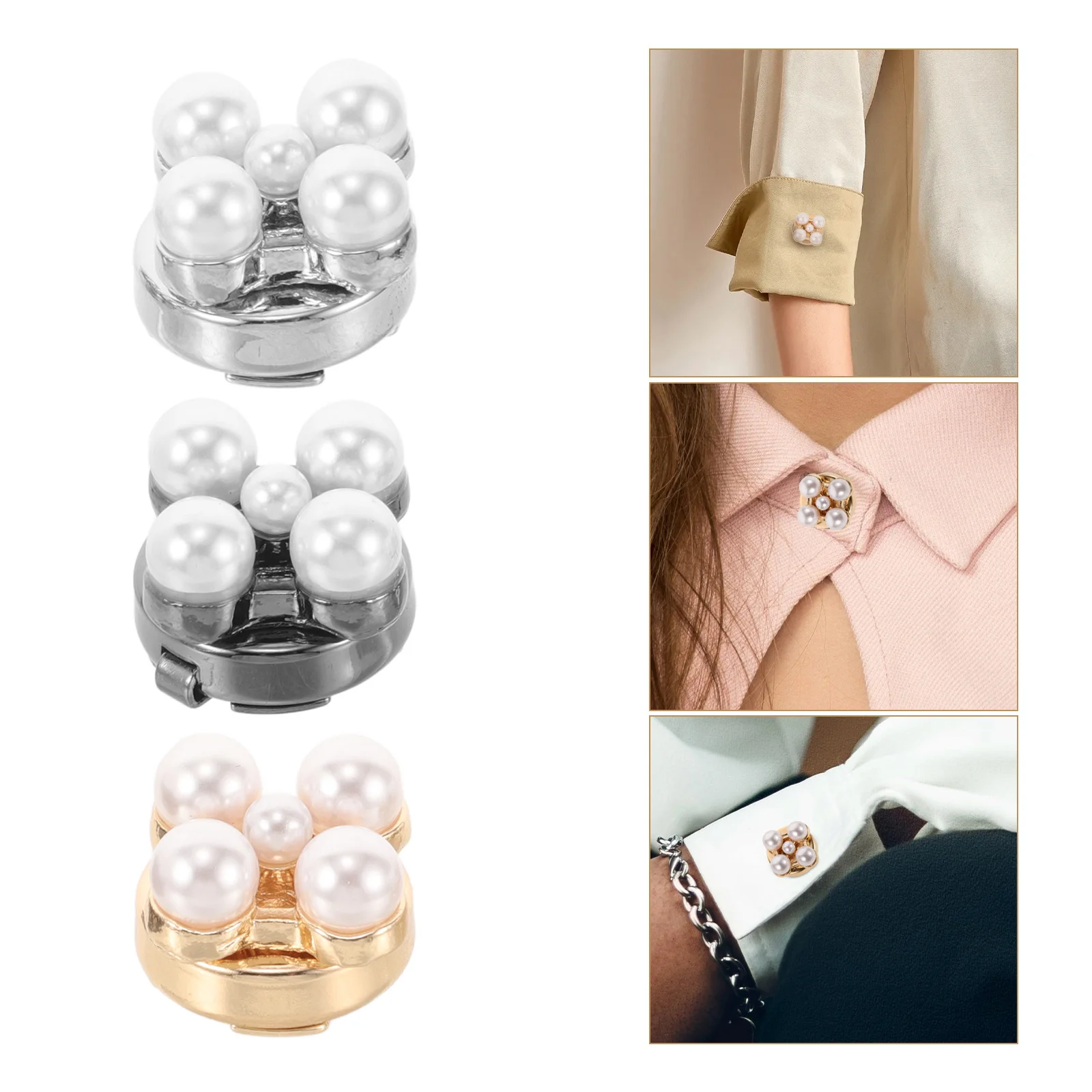 

3Pcs Pearl Cufflinks Flower Shirt Buttons Elegant Alloy Rhinestone Set Women Formal Dress Accessories Scarf Clip
