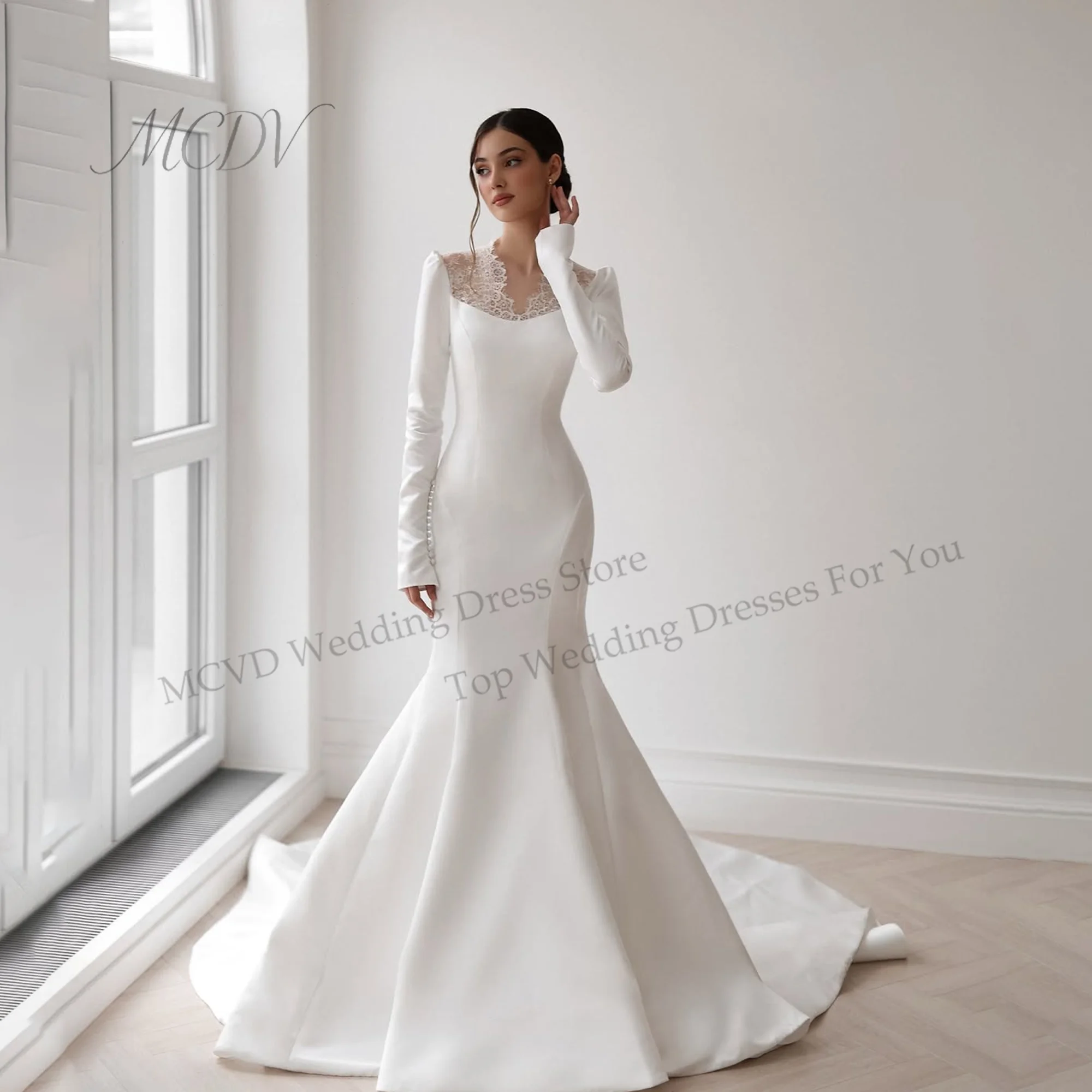 Elegant V-Neck Satin Wedding Dresses Bridal Long Sleeve Sweep Train Zipper Back Mermaid Bridal Gown свадебное платье Customized