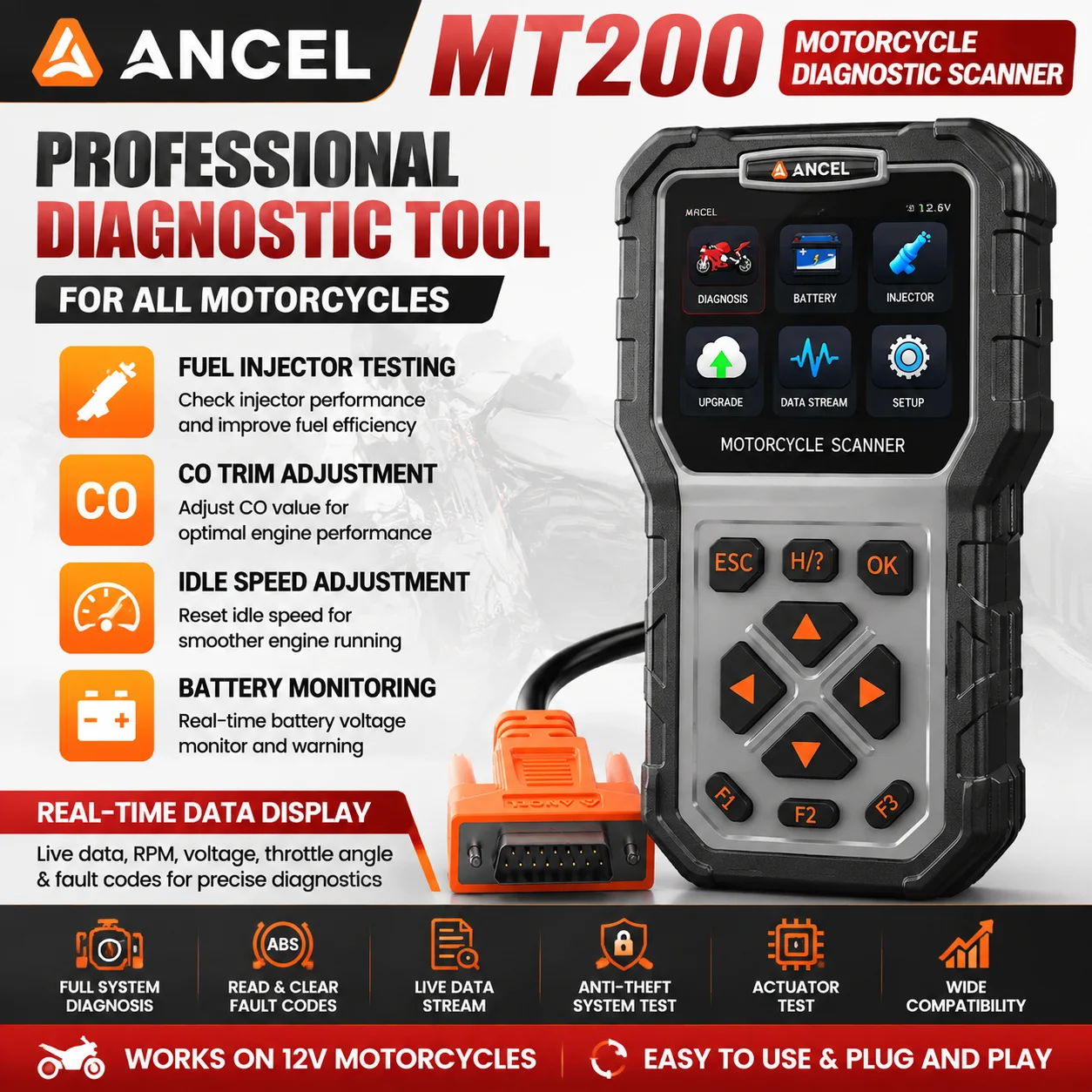 ANCEL MT200 Motorrad-Diagnosescanner ECU-Tool Kraftstoffeinspritzprüfgerät CO-Trim-Einstellung Leerlaufdrehzahleinstellung Codeleser für Motorräder
