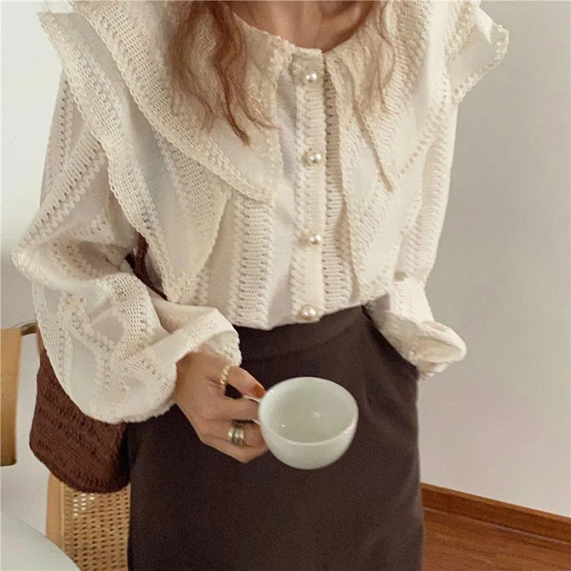 Fashion Chiffon Double-Layer Collar Puff Sleeve Top Woman Shirts Casual Elegant Blouses 2024 Autumn Vintage Trend Women Clothes