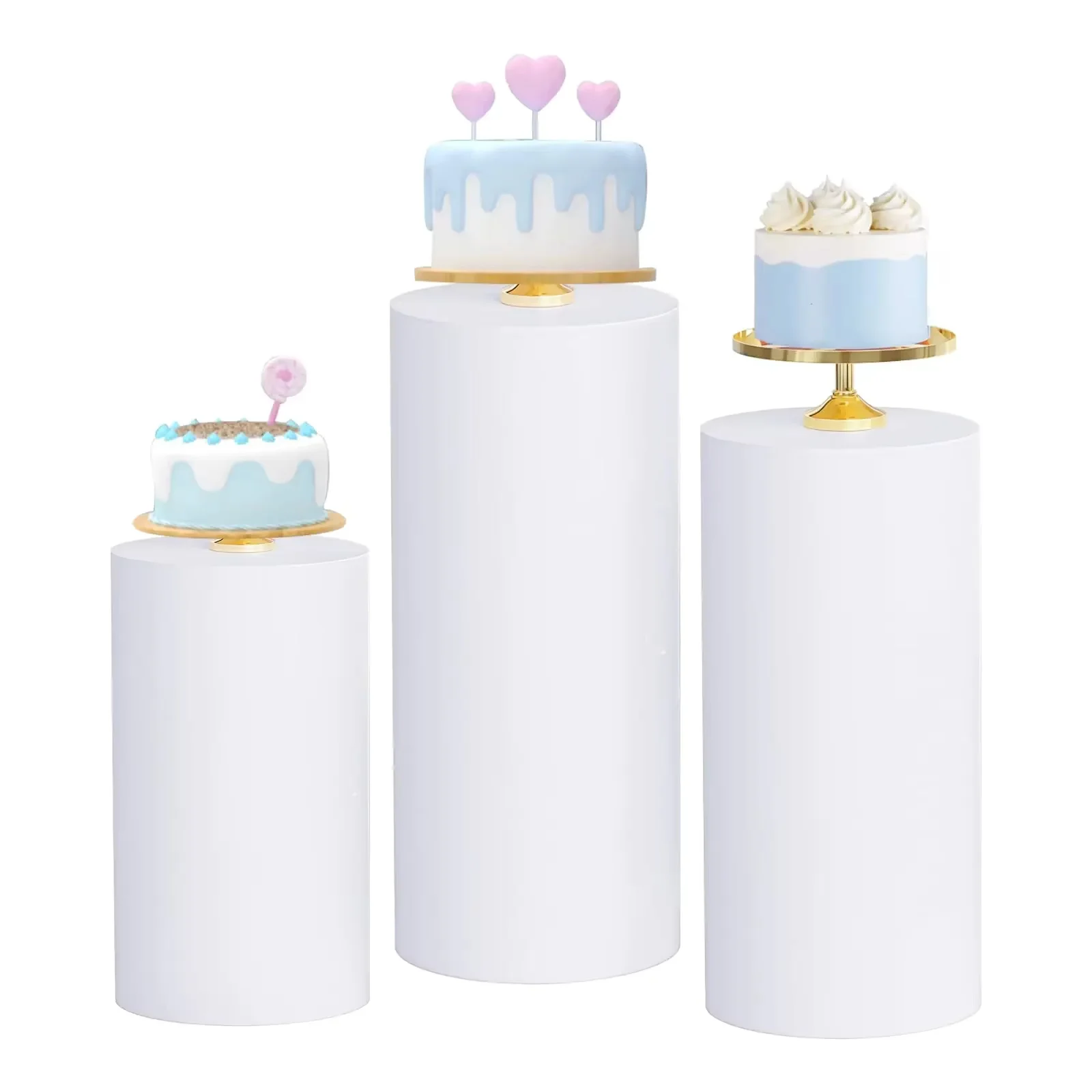 3Pcs White Cylinder Pedestal Cover White Cake Plinths Backdrop Cover for Party Wedding Decorations Holiday Birthday Decor Event