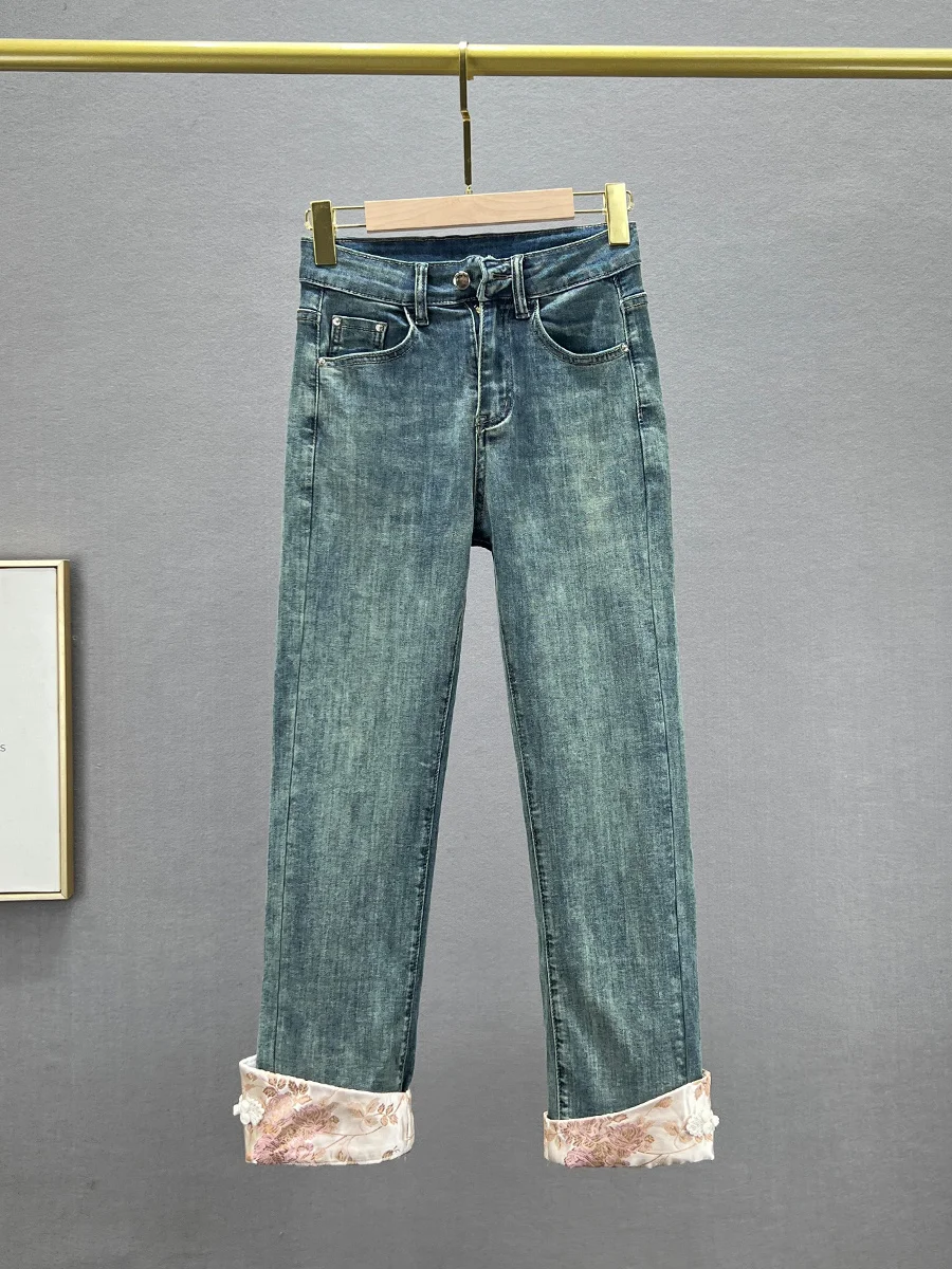 

High Waist Cotton Stretch Denim Jeans Women's Spring 2024 New Sle Nine-Piece Straight Leg Slimming Flip- Jeans